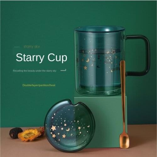 Double Starry Sky Cup High Borosilicate Heat-resistant Glass with Stirring Spoon Printing Water Cup with Lid Coffee Cup Net Red