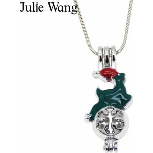Julie Wang Alloy Enamel White Green Christmas Deer Necklace Pendant Pearl Beads Cage Essential Oil Diffuser Locket Jewelry