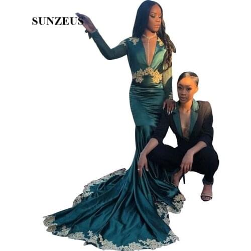 Green Mermaid Prom Dress With Gold Appliques Sexy Deep V-neck Long Tulle Sleeves Party Gowns Satin Formal Robe