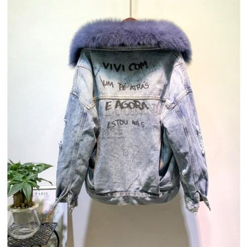 Winter Fashion Warm Natural Fox Fur Collar coats + Real Rabbit Hair Liner Denim Jacket Female beading Thick Real Fur Outwear F25