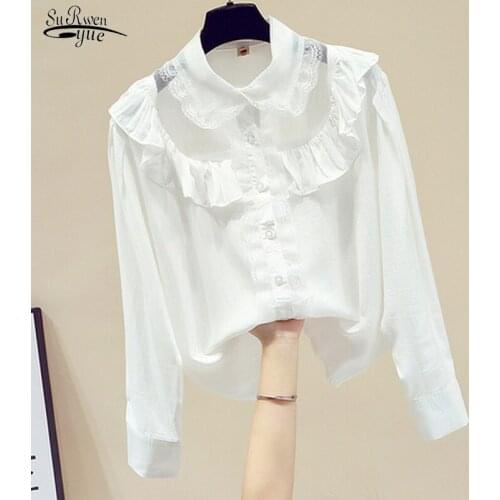 Womens Spring New French Style Doll Collar Ruffle Elegant Blouse White Shirt Lace Mesh Stitching Long Sleeve Chiffon Tops 13011