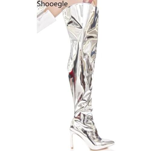 Fashion Stilettos Silver Gold Mirror Leather Metallic Over The Knee Women Boots Fashion Thigh High Booties party dress shoes