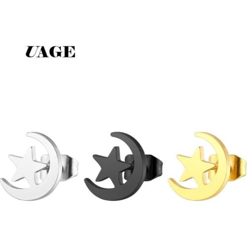 UAGE New Romantic Small Gold Silver Color Star Moon Lovely Shape Stud Earrings Women Stainless Steel Ear Stud Party Girlfriend