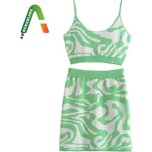 Adherebling Za Woman 2021 Casual Traf Outfits Female Autumn Zebra Stripes Green Knit 2 Pie Sets Cropped Camisole + Mini Skirts