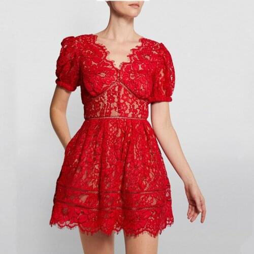 V-Neck Sexy Dress Women Puff Sleeve Hollow Out Embroidery Lace High Waist Puff Sleeve Elegant Party Clubwear Mini Dresses Summer