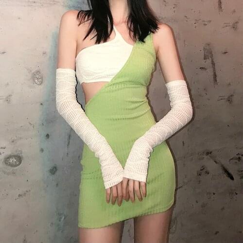 Sylcue Summer new 2021 French restore ancient ways fresh avocado green splicing Yamamoto cuff dress female match Ribbed Knitted