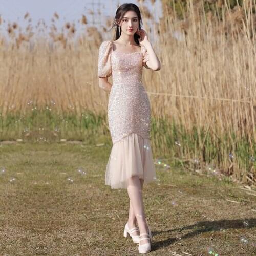 Sequins Luxurious Square Collar Evening Dresses Short Sleeves Simple Mermaid Tea-length Plus size Women Formal Party Dress C1105