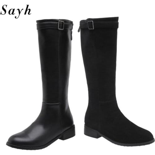 Winter Woman Knee High Boots British Belt Buckle Square Heel Flats Casual Outdoor Shoes High Boots Riding Knight Boots for Women