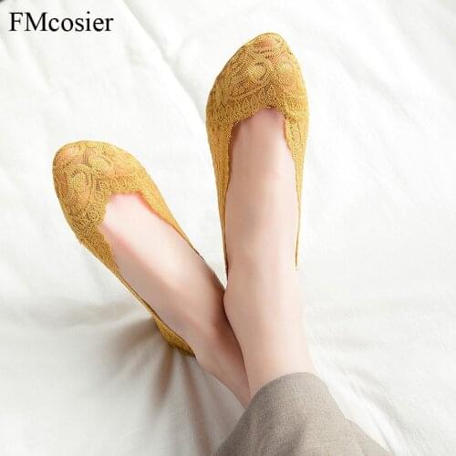 5 Pairs Summer No Show Socks Non-slip Women Cotton Low Cut Lace Boat Thin Sock Slippers With Silicon High quality Breathable