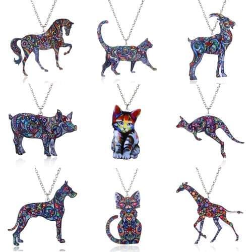 Acrylic Animal Necklace Pet Cat Dragon Pig Bird Wolf Horse Fish Dog Pendant Women Bohemia Jewelry Ethnic Long Chain