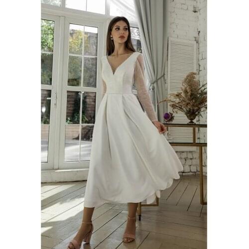 Shiny Tulle Satin Chiffon V-Neck Long Sleeves Mid-Calf A-Line Wedding Dress Custom Made Bridal Gowns