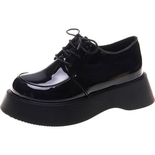 Lace-Up Thick-Soled Leather Shoes Female British Style All-Match Patent Leather Black Round Toe Increased Ankle Boots