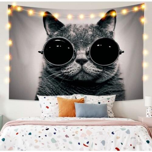 Black Handsome Cat Tapestry Vintage Exotic Summer Plant Nature Frame for Bedroom Photography Wall Decor