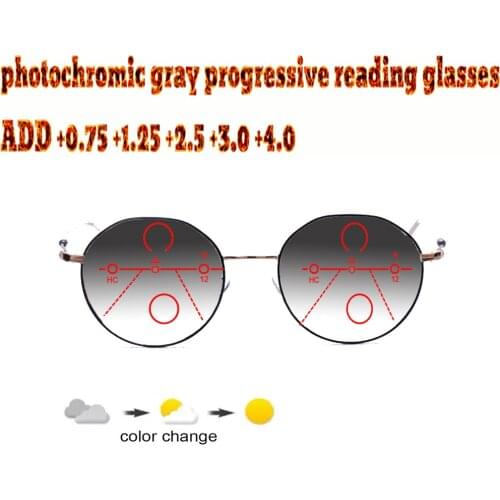 Photochromic Progressive Multifocal Reading Glasses women Men Full Frame round retro +1.0 +1.5 +1.75 +2.0 +2.5 +3 +3.5 +4