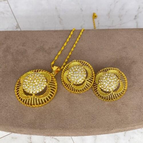 Conjuntos de joyería nupcial Africana chapada en oro de 24K para mujer, collar, pendientes, pulsera, regalos del anillo conjunto