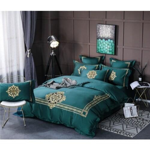 Blue Egyptian Cotton Luxury Embroidery Royal Bedding Set 4/6pcs King Queen Wedding Bed Sheet Cover set Duvet Cover pillowcase