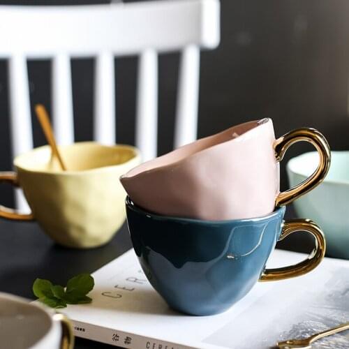 Creative simplicity uneven ceramic cup Fashion gold plated handle coffee cup