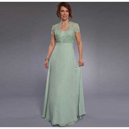 New Fashion A Line Mint Green Chiffon Lace Top Mother of the Bride Gowns Short Sleeve V Neck Mother of the Groom Dress Cheap