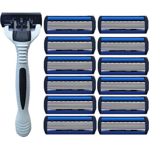 12pcs Razor Blade Mans Stainless Steel Six-layer Manual Blade With A Razor Holder Beard Shaver Hand Safety