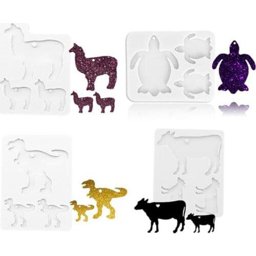 Mom Sheep Baby Lamb Alpaca Family Animal Keychain Silicone Mold with Hole Tortoise Cow Dinosaur Resin Mold Art Crafts