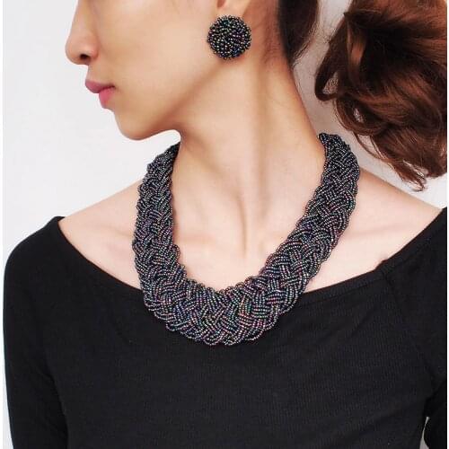 MANILAI Handmade Resin Beaded Chunky Necklace Sets Boho Statement Collar Choker Necklace Earrings Set For Women Jewelry