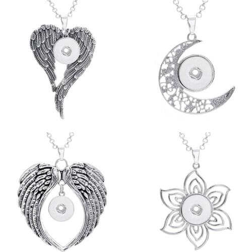 Trendy Wings Flowers Moon pendant snap necklace 60cm keychain fit 18MM snap buttons Fashion jewelry DIY accessories XL0038