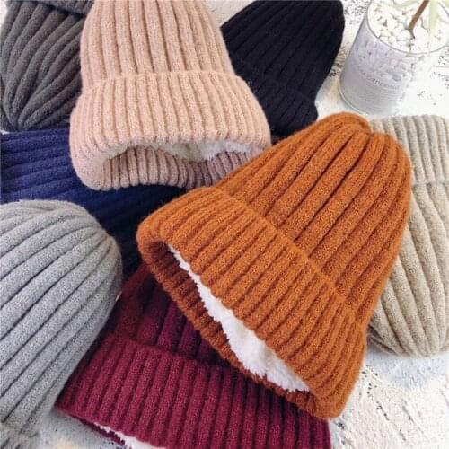 Autumn winter Wool knitted hat plush and thicken warm beanies hats casual women solid caps cover head thickened warm hat