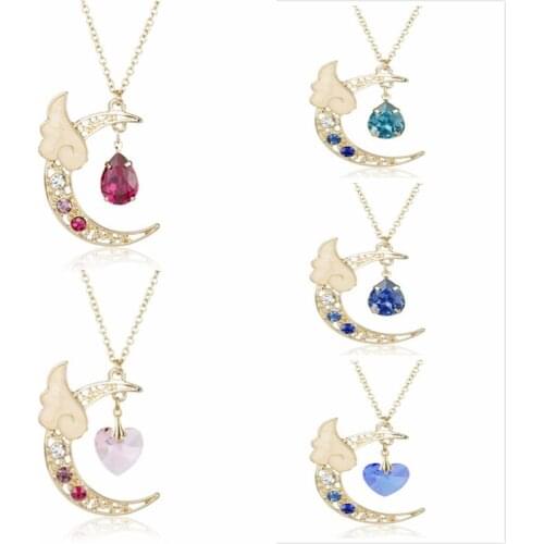 Anime Card Captor SAKURA Moon Wing Pendants Necklaces Heart Crystal Beads Link Chain Anime Jewelry Necklace Womens Choker
