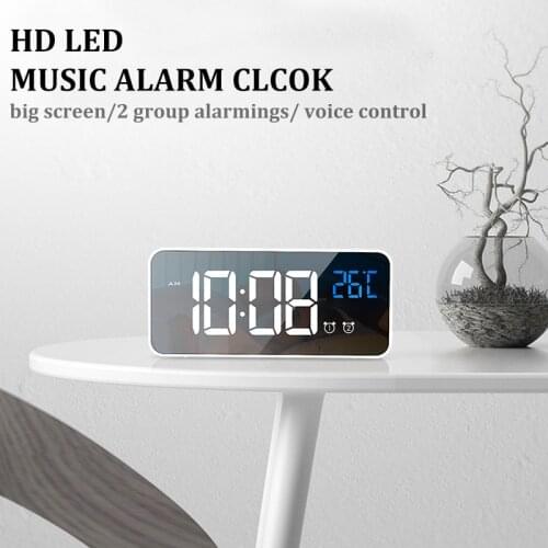 Rechargeable LED Mirror Digital Alarm Clocks Muti Function Snooze Temperature Display Sound-Activated Music Clock With 2 Alarms
