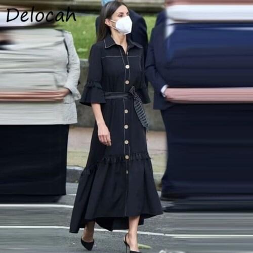 Delocah New 2021 Autumn Women Fashion Runway Party Midi Dress Flare Sleeve Sashes Single Breasted Patchwork Shirts Style Dresses