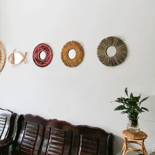 Rattan Plaited Seaweed Art Makeup Mirror Nordic Style Wall Hanging Home Decor