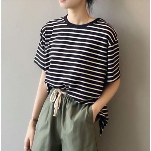 Striped T-shirt Short-Sleeved T-shirt for Women 2021 Summer New Korean Style round Neck Loose Slimming and Fashionable Top