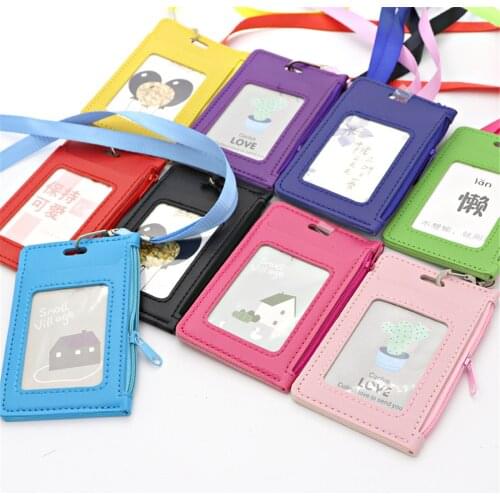 Simple Student Kids Lanyard Card Holder Slim Wallet Boys Pu Id Certificate Bus Door Credit Bag For Girls Zipper Coin Purses