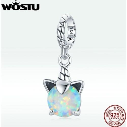WOSTU Genuine 925 Sterling Silver Opal Unicorn Charms Pendant Fit Original Bracelets Women Girl Cute Fine Jewelry Making Gift