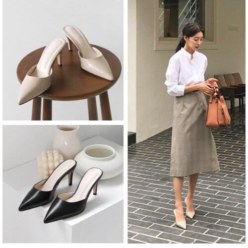 Microfiber Leather slippers women closed toe flipflops office lady high heels woman outside stiletto mules korean ladies slides