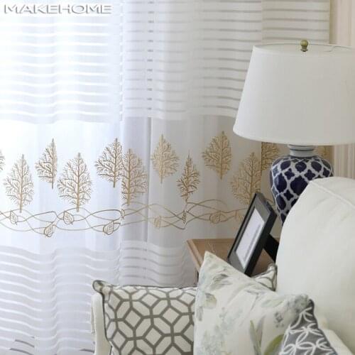 MAKEHOME Stripe Sheer Curtains Plant Embroidered Curtain for Kitchen Living Room Bedroom Voile Tulle for Windows Treatment Panel
