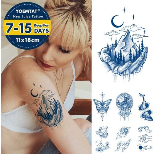 Juice Lasting Ink Tattoos Body Art Waterproof Temporary Tattoo Sticker Mountain Forest Tatoo Arm Fake Sky Whale Sea Tatto Women