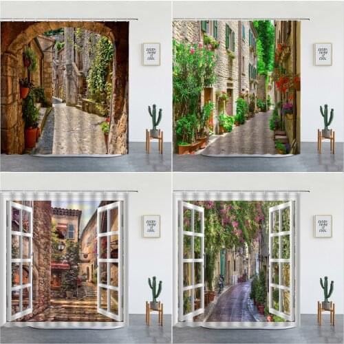 Street Alley Landscape Shower Curtains Set Retro Architecture Style Wall Hanging Luxury Bathroom Decor Bathtub Screen Washable