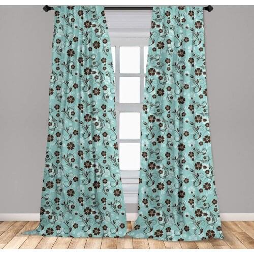 Vintage Curtain Nostalgic Flower Composition with Swirls Curves Petal and Foliage Silhouettes Window Curtain Living Room Bedroom