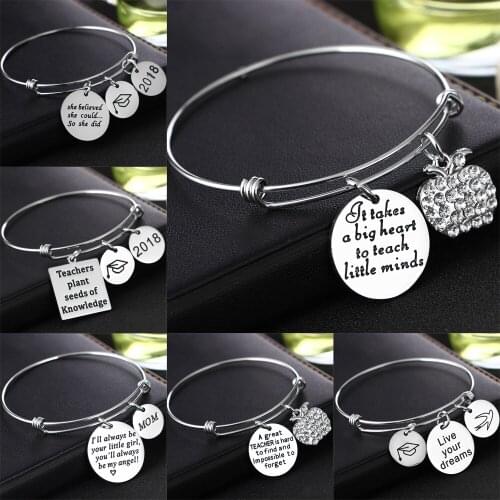 Rhinestone Apple Charm Gifts For Teachers Mom Dad Grandma Women Bangle Bracelet Best Friend Gifts Stainless Steel Pendant Heart
