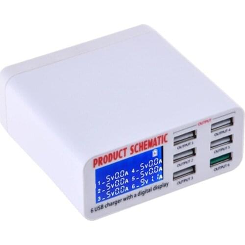 6-Port USB Smart Phone Charger LCD Large Screen Display Automatic Identification Voltage Current Mobile Phone Charging Station