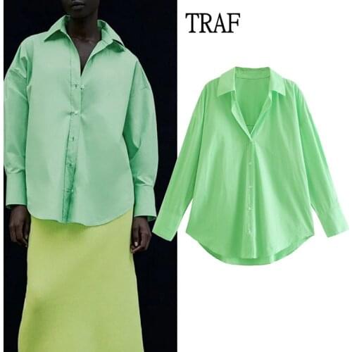 TRAF Za Top Woman Button Up Shirt Spring Summer 2021 Women Long Sleeve Loose Blouse Asymmetric Hem Chic Green Shirt Blusas Tops