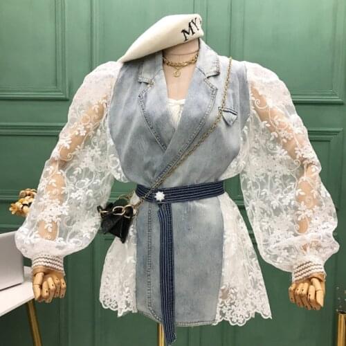 2021 Summer Coat Loose Fit Lace Stitch Denim Bandage Short Jacket New Lapel Long Sleeve Women Coat Fashion Tide Spring jackets