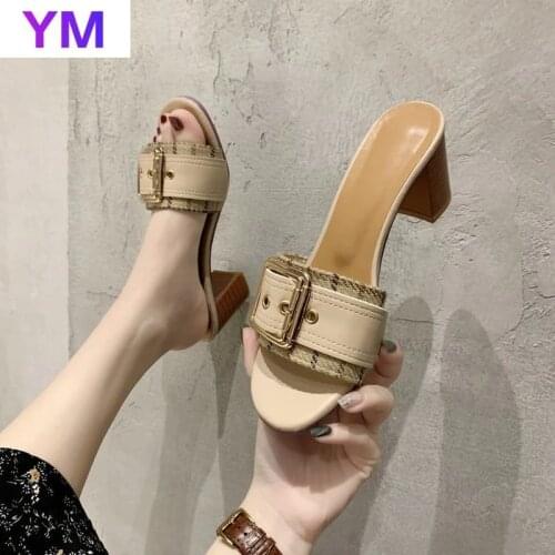 Woman Mules Ladies Party Slides Women Fashion Buckle Sandals Womens Slippers Female Outdoor High Heels PU Leather Size 35-40