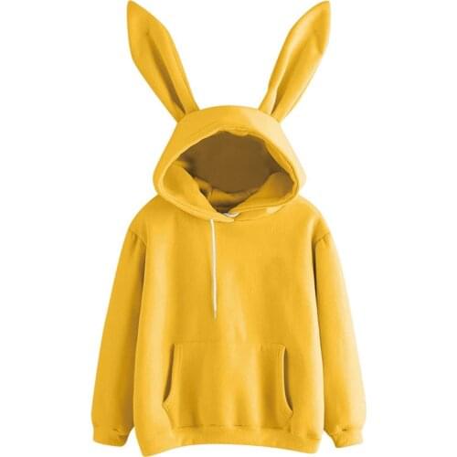 Women Solid Color Bunny Ear Long Sleeve Sweatshirts Chic Girls Casual Pullover Sweatshirts with Pocket Drawstring