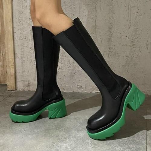 Blue Green Pink Genuine Leather Women Knee High Boots Fashion Zipper Square High Heel Boots Ladies Round Toe Autumn Winter Shoes