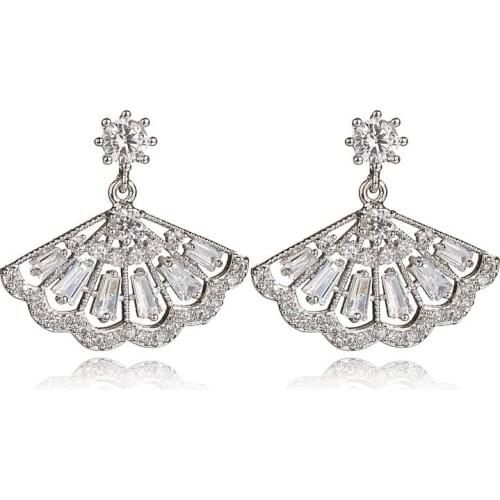 RONGQING 6Pairs/lot Shiny Fan Zircon Earrings 925 Silver Stud Hollow Fan Crystal Wedding Earring for Women Party Jewelry