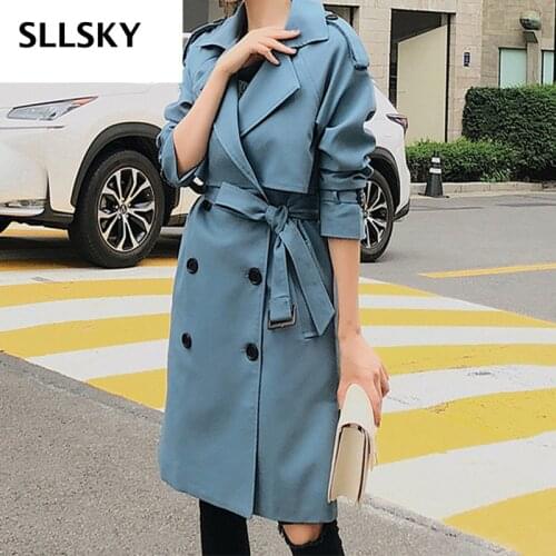 SLLSKY Double Breasted Mid-long Trench Coat Women 2020 Autumn Winter New Casual Slim Belt Cloak Vintage Windbreaker Outwear