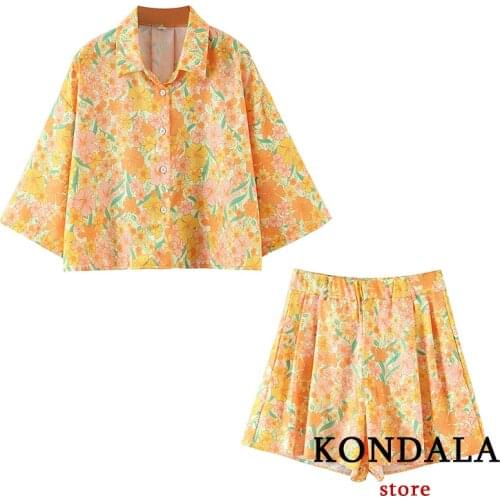 KONDALA Za Women Sets Two Pieces Summer Flower Print Loose Fashion 2021 Beach Style Cropped Tops and Elastic Casual Shorts Set
