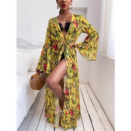 Women Summer Cover Up Printing Open Front Deep V Neck Beach Dress High Waist Casual Loose Bathing Cardigan Long Tops With Belt
